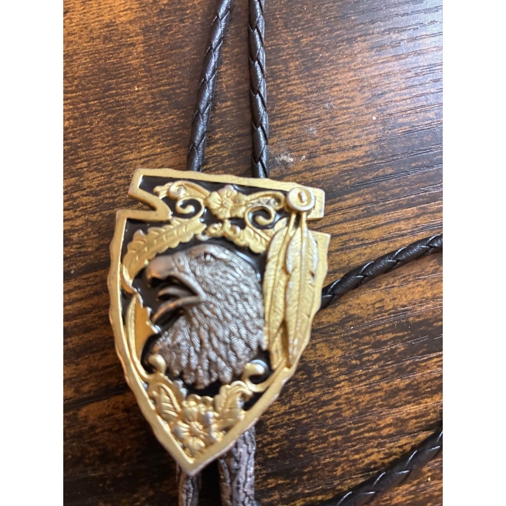 Vintage Signed Two Tone Eagle Arrowhead Bolo Tie Western Cowboy Braided Cord